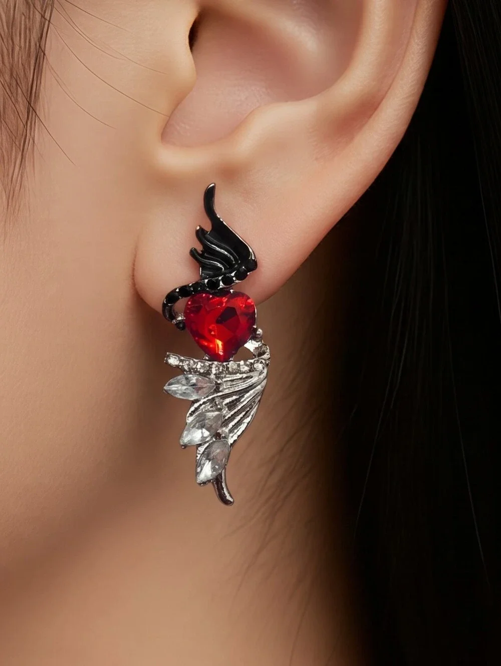 Gothic Winged Red Heart Earrings Silver Angel Wings Edgy Baddie Goth Jewelry NWT